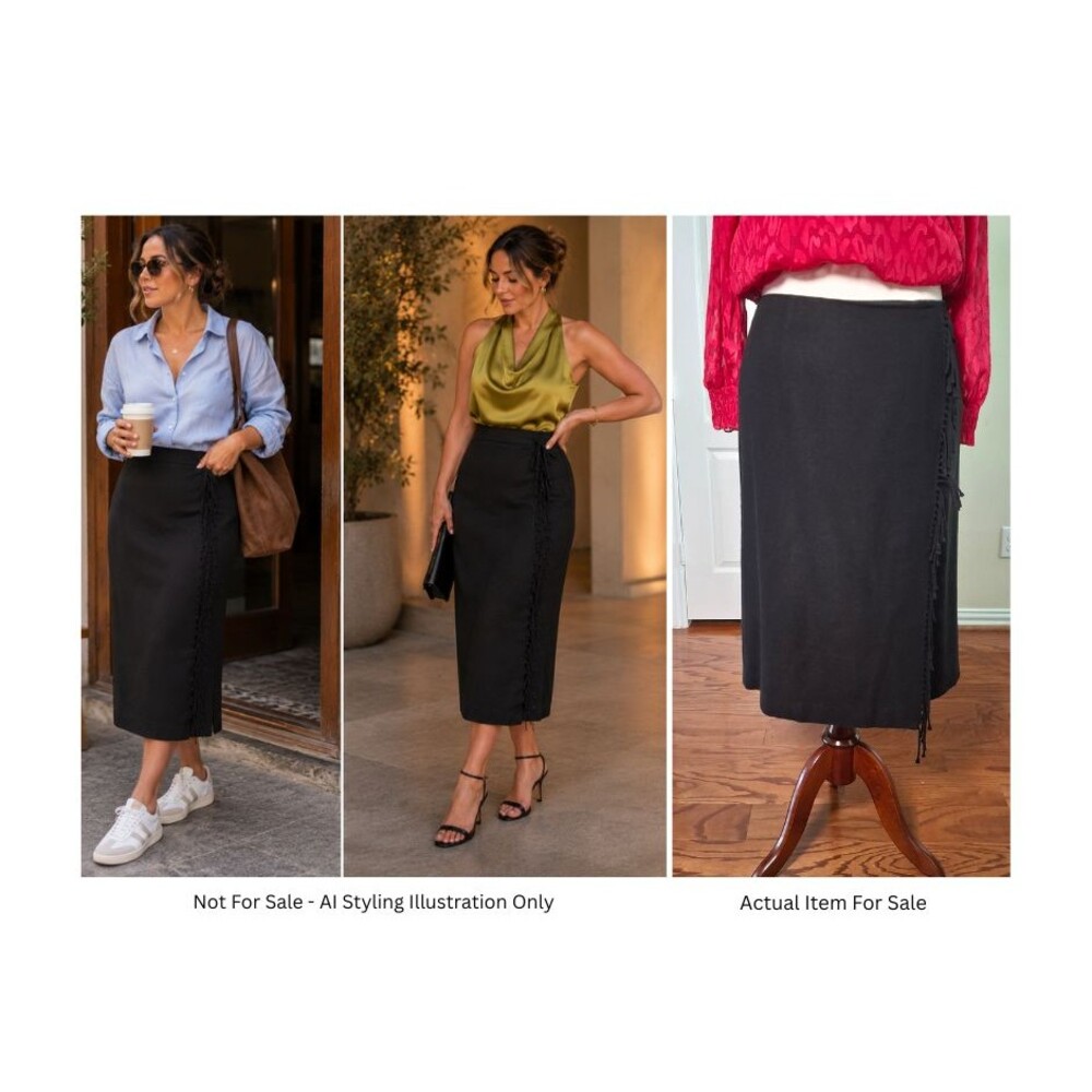 Liz &Co Faux Wrap Midi Skirt Black Women 14 Side Fringe Preppy Academia Workwear